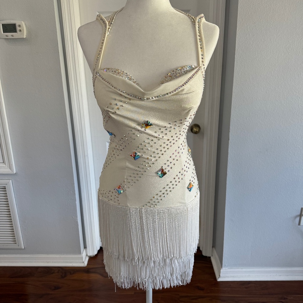 Latin Rhythm Fringe Ballroom Dance Dress White Short
